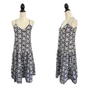 Oliphant White & Blue Geometric Metallic Gauze Tiered Midi Vacation Dress Small